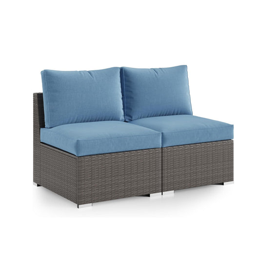 Modern Blue Armless Wicker Patio Sofa Set, 59.8' Width with UV-Resistant PE Rattan Frame and Waterproof Olefin Cushions