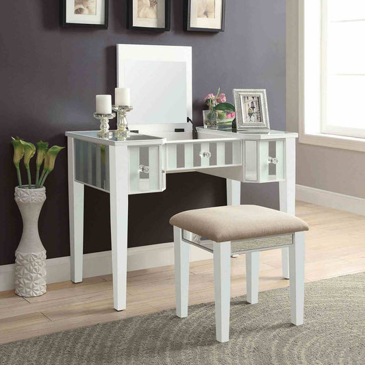 Transitional Style 1pc Vanity w/ Stool Set Core Design Storage Drawers Central Mirror Padded Stool White Finish Bedroom Furniture