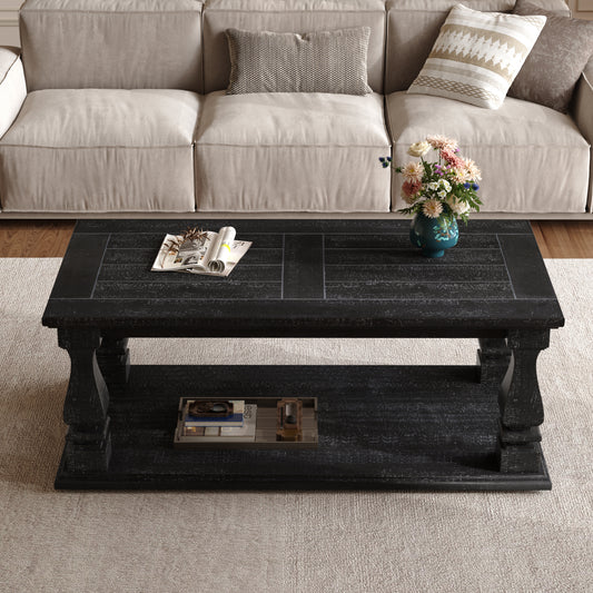 Weathered Black Farmhouse Coffee Table, Crafted with Heavy Planked Top & Square Baluster Legs, 47.24' Long Rustic Living Room
Table with Storage Shelf