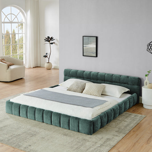 King size Upholstered Bed Frame with Thick Fabric, Chenille Fabric Grounded King Size Platform Bed with Headboard and Solid Frame. No Box Spring Needed-green(88.5''*85.5''*24'')