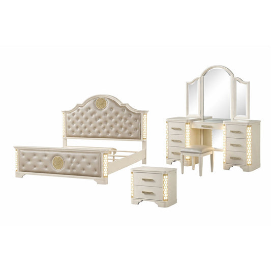 Jasmine Queen 4 Pc LED Vanity Bedroom Set in Beige made with Wood and Crystal Tufted Headboard