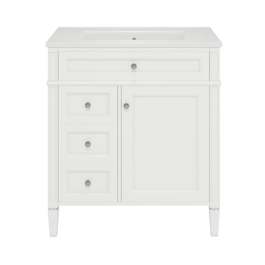 Modern White Bathroom Vanity with Ceramic Top Sink, 30'' Storage Cabinet with 2 Drawers and Tip-out Drawer, MDF+Solid Wood Construction