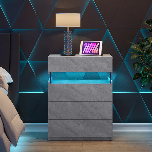 Nightstand with LED Lights, Adjustable Light Colors, Bedside Table, Side Table with 4 Drawers, Modern Style,Grey