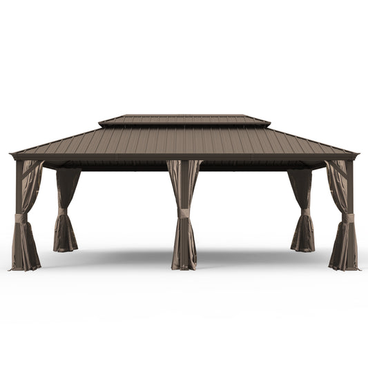 14' X 24' Hardtop Gazebo, Upgraded Metal Gazebo with Drainage System, Dual-Layer Galvanized Steel Roof, Curtain and Netting, Outdoor Shelter Canopy for Patio, Garden, and Backyard, Brown