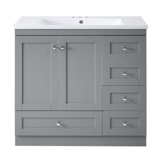 Gray Shaker Style 36 inch Free-Standing Bathroom Vanity Cabinet with Resin Sink, 4 Soft-Close Drawers and 2 Soft-Close Doors