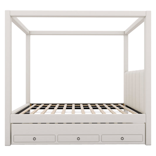 Twin Size Upholstery Canopy Platform Bed with Trundle and Three Storage Drawers, Beige, Pine Wood and MDF