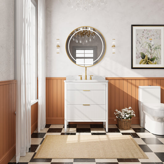 Fully Assembled 30'' White Freestanding Single Sink Bathroom Vanity with Solid Wood Construction and Engineered Marble Top