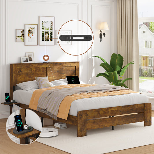 Farmhouse Full Size Bed Frame with Headboard Storage Shelf, Wood Platform Bed Frame with LED Lights & Charging Station, Rustic Brown wood Bed, No Box Spring Needed, Noise-Free Sturdy Structure