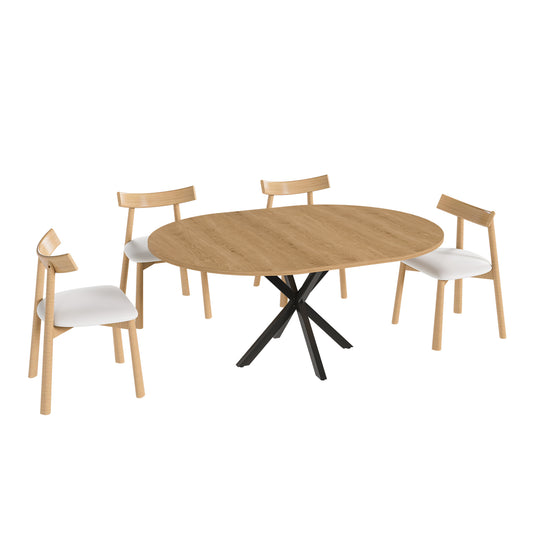 Modern Extendable Round Dining Table Set for 2-6 People, Oak Finish MDF Table with Carbon Steel Base and 4 Solid Wood Chairs, 43 to 58 Inch Expandable Design