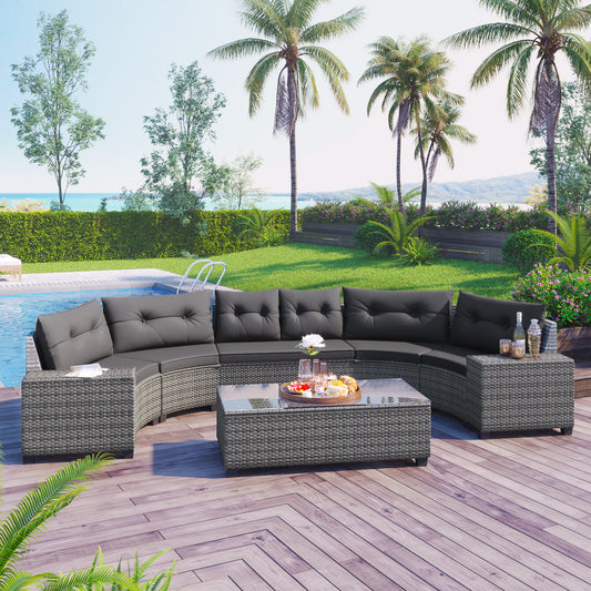 <Old SKU: FG201215AAE> 8-pieces Outdoor Wicker Round Sofa Set, Half-Moon Sectional Sets All Weather, Curved Sofa Set With Rectangular Coffee Table, PE Rattan, Movable Cushion, Gray