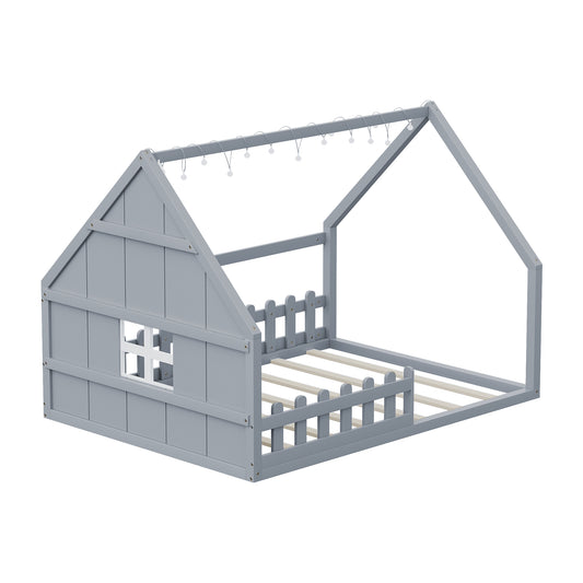 Gray House-Style Full Size Wood Bed with Window and Fence, Pine Wood+MDF, 77.1''L x 56.8''W x 53.9''H