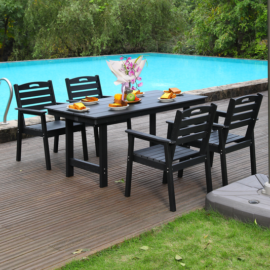 HDPE outdoor patio dining set, one table and four chairs. The outdoor dining furniture has sunshade holes and is suitable. It is suitable for lawns, gardens, backyards, and pool sides.Black,Waterproof