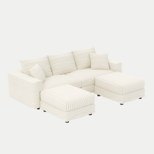 82.7 ' Plush Corduroy 3-Seat Sofa, Modern Comfy Upholstered Sofa Cloud Couch, Deep Seat Couches with Soft Pillows and 2 Ottomans, Convertible Sofa Lounge Chair, for Living Room,Apartment,Office,Beige