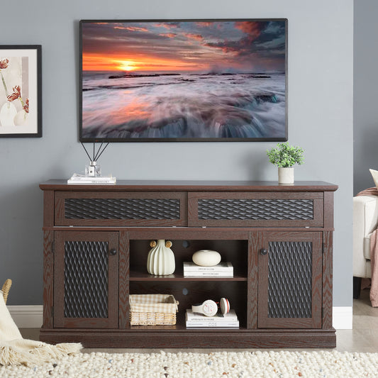 Embossed Pattern TV Stand, TV and Media Console with Open and Closed Storage Space and sliding door for Living Room & Bedroom, DARK CHERRY, 58.27'W*15.35'W*31.7H