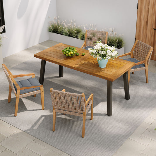 Modern Outdoor Dining Set - Acacia Wood Table with Iron Legs & 4 Wicker Armchairs, Teak Finish, 400 lbs Chair Capacity, for Patio, Garden, or Deck