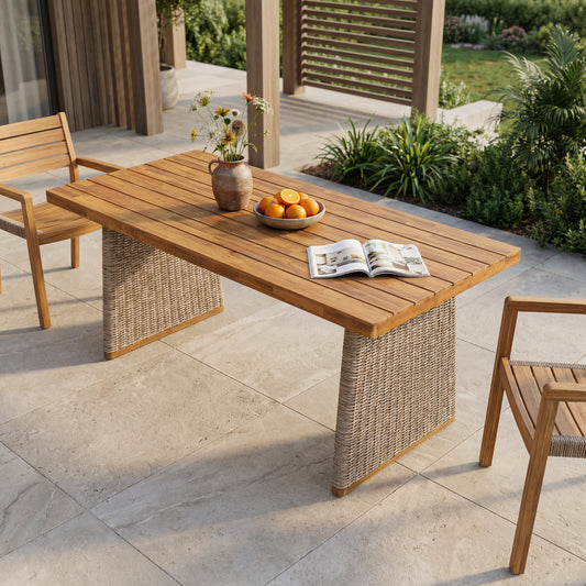Outdoor Acacia Wood Dining Table,Teak Finish+ Brown Wicker
