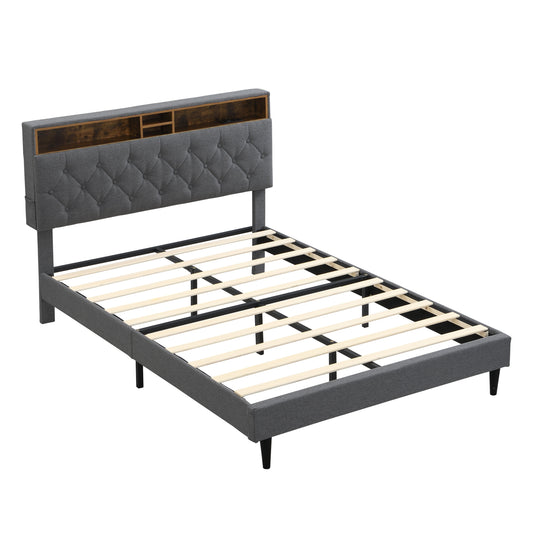 Modern Dark Grey Queen-Size Upholstered Platform Bed Frame with Button-Tufted Linen Headboard and USB Ports