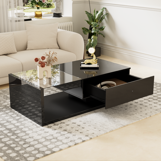 Coffee Table, High-Gloss Black, Side Tables, Coffee Tables with Glass and LED Effect