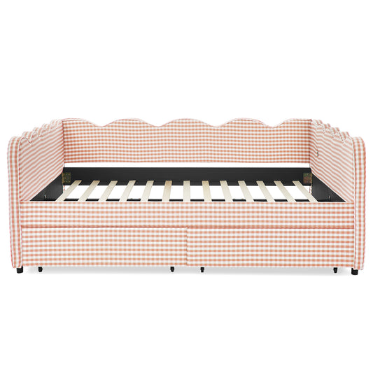 Queen Size Cozy Gingham Daybed with Two Storage Drawers, USB Port, Wave-Shaped Design in Pink Linen Fabric