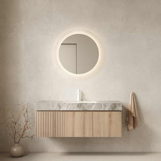 MURI 48' Bathroom Vanity&Sink, Floating Plywood Storage Cabinet with Drawer&Doors, Light Gray Sintered StoneTop&Ceramic Basin with 1 Pre-drilled Faucet Hole, Pre-assembled, White Oak Woodgrain Color