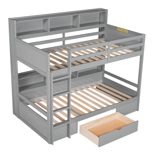 Carolee Twin Bunk Bed with Shelves and Drawer, Grey