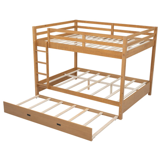 Wood Queen Size Bunk Bed with Ladder and Trundle in Wood Color, Solid Pine Wood+MDF, 85.4''L x 64.2''W x 63''H