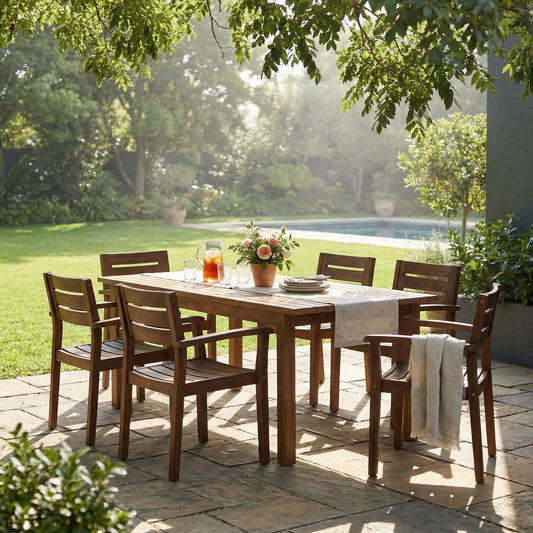 7 Pieces Acacia Wood Outdoor Dining Set s,Modern 6 Chairs 1 Large Table,Dining Furniture Set for Lawn, Backyard, Garden Deck,Poolside,Dark Brown