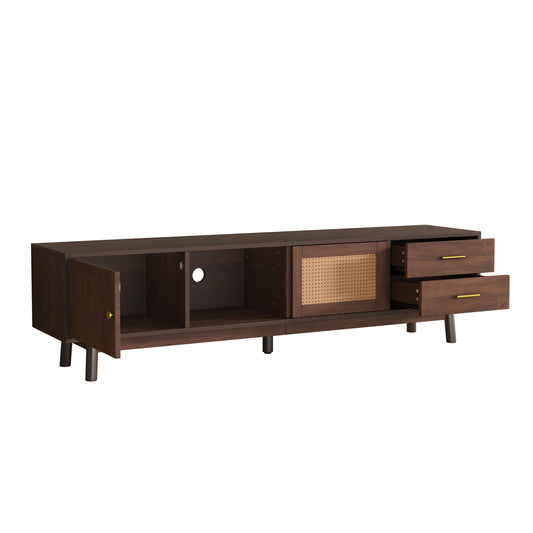 Mid Century Modern TV Stand for 80' TVs with Sliding Doors and Drawers, Dark Brown Rattan Accent Storage Unit in Solid Wood and MDF, 70.87' L x 15.35' W x 18.11' H