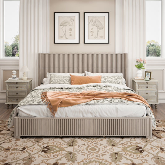 Solid Wood Platform Bed Frame with Headboard, No Box Spring Needed, Floor-standing bed, Easy Assembly, King Size,Beige