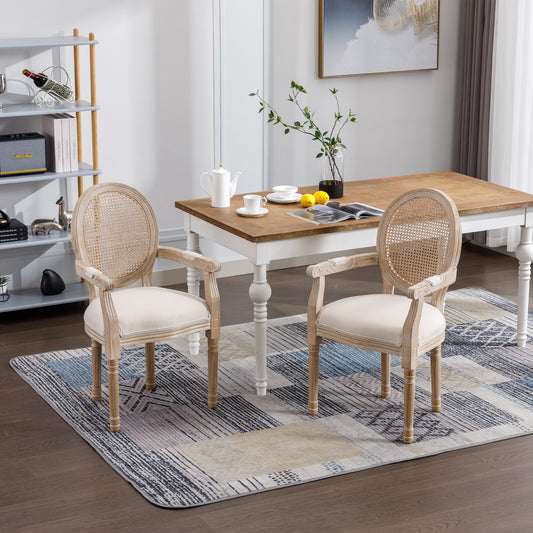 French Vintage Upholstered Fabric Dining Armchair, Set of 2, Beige
