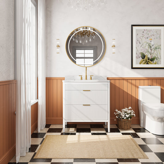 Fully Assembled 36'' White Freestanding Single Sink Bathroom Vanity with 2 Handle Sets and Engineered Marble Top