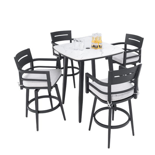 Modern 5PC Outdoor Patio Bar Set,Rounded Square Sintered Stone Table & 4 Swivel Bar Chairs,Non-Rust Aluminum Frame,Ember Black, Marble-Inspired Top,Bearing Swivel Plate,Tapered Legs,Sunbrella Cushion