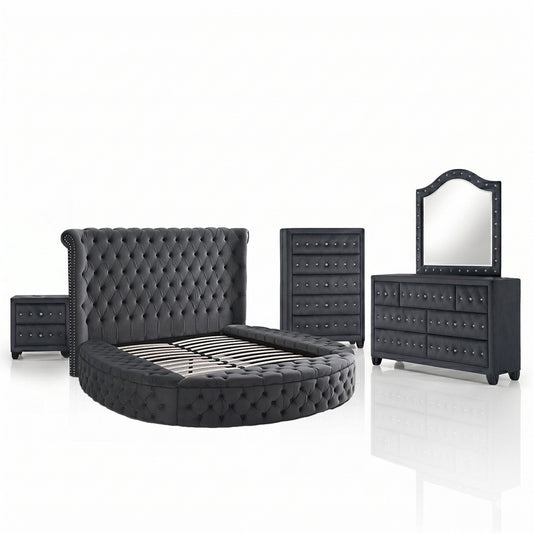 HAZEL Modern Queen 5-Piece Bedroom Set in Gray Velvet Finish with Storage Bed, Dresser, Mirror, Nightstand and Chest, Luxury Bedroom Furniture Set with Bluetooth Speakers