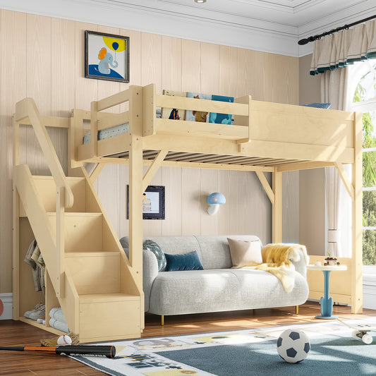 Twin Size Loft Bed with Built-in Wardrobe and Storage Space, Solid Wood Loft Bed with Beside Shelves, Full-length Guardrails and Stairs, No Box Spring Needed, Natural