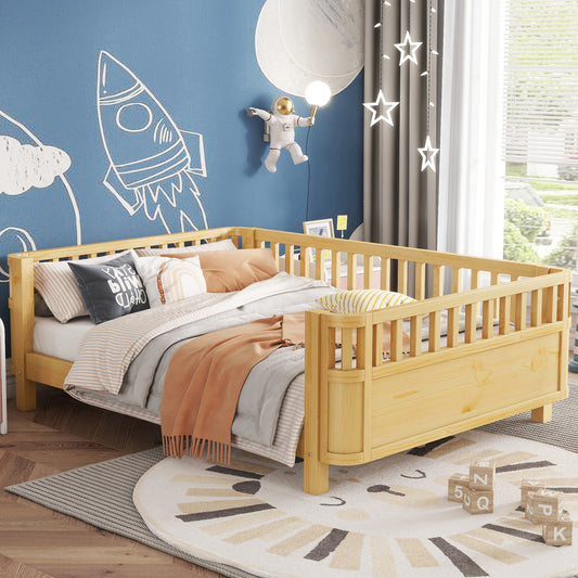 Full Size Wood Platform Bed for Kids, Wood Low Profile Full Bed with Rails for Girls and Boys, Natural (Patented Design, Old SKU W2593P233781)