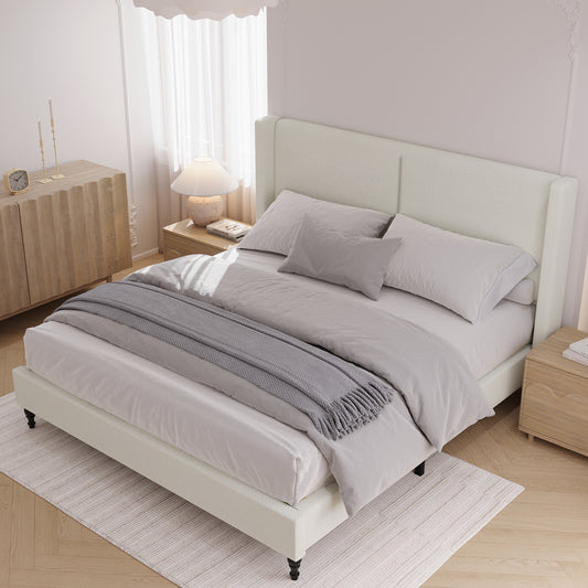 King Size Bed Frame with 55.5'High Back Upholstered Headboard,Boucle Fabric,12 Slat Support,Thickened Side Panels,Solid Wood Feet,No Box Spring Needed(White)
