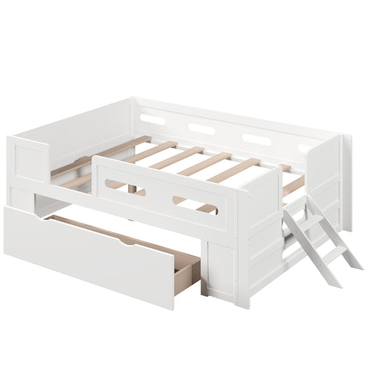 White Solid Pine Wood & MDF Full Size Platform Bed with Guardrail and Drawer, 79.7''L x 56.4''W x 27.9''H