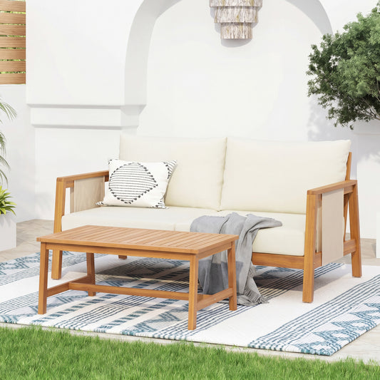 2 Piece Sofa Set with Cushions Outdoor Loveseat & Coffee Table Set – Acacia Wood Frame with Brown Textilene, Water-Repellent Beige Cushions (Teak Finish) for Patio/Backyard/Deck