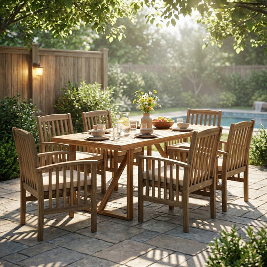 7 Pieces Acacia Wood Outdoor Dining Set s,Modern 6 Chairs 1 Large Table,Dining Furniture Set for Lawn, Backyard, Garden Deck,Poolside,Grey