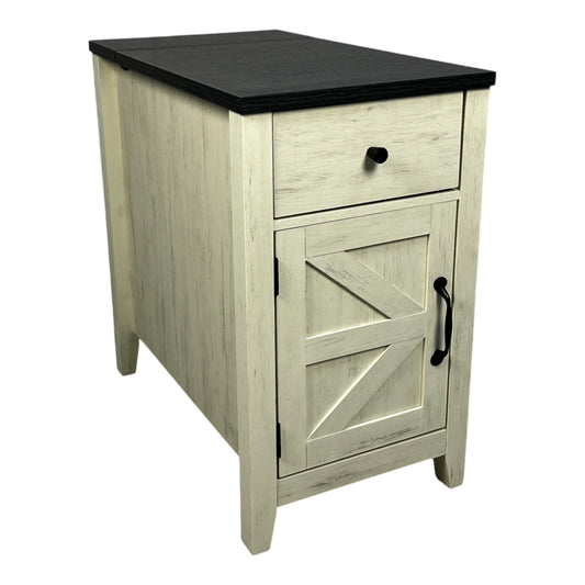 Farmhouse End Table Bedside Table with Charging Station,Night Stand with Barn Door and Drawer, Storage for Bedroom Living Room ,Bedside Table, White+Black color