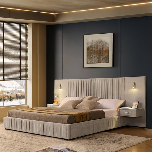 King Size Upholstered Bed Frame with Chenille fabric with pleated design,Grounded King Size Platform Bed with Headboard and Solid Frame and the bedside table.No Box Spring Needed-Beige