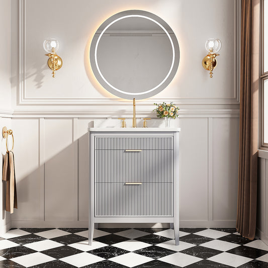 Fully Assembled 30'' Grey Freestanding Single Sink Bathroom Vanity with 2 Handle Sets and Engineered Marble Top