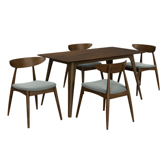 Mid-Century Modern 5-Piece Dining Set with Rubberwood Frame, Ergonomic Chairs, Walnut and Light Gray Finish, Faux Wood Tabletop