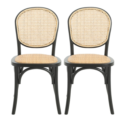 Vintage Style Dining Chairs Set of 2 in Black with Rattan Seat and Birch Wood Frame