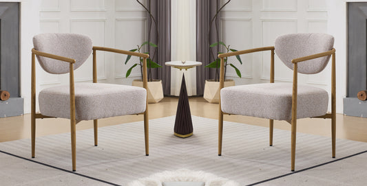 Beige fabric color dining room chair, living room chair, bedroom chair 2sets, woven fabric cover with foam inside back and seat,metal frame with water transfer pringting, wood grain visual