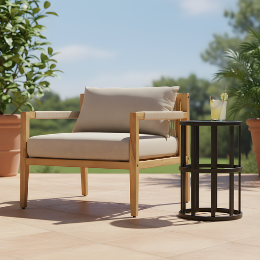 Acacia & Beige Rope Lounge Chair with Ceramic Tile Side Table Set