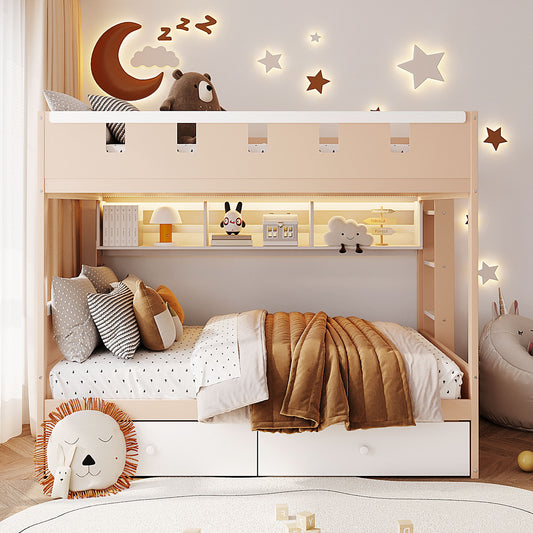 Full Size Castle Style Bunk Bed with 2 Drawers,Shelf,and LED,White+Antique Pink
