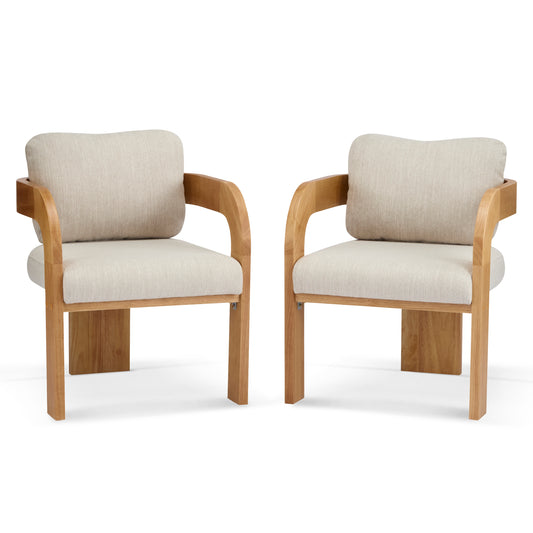 2-Pack Dining Chairs with Pillow Back, Beige Fabric, Natural Color Solid Wood Frame
