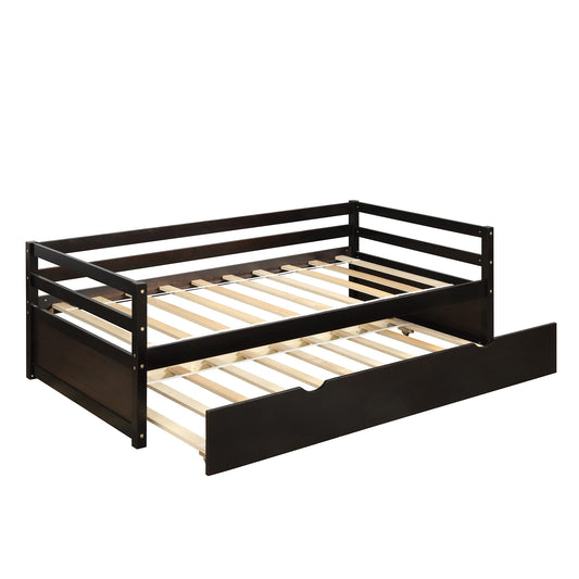 Espresso Twin Daybed with Trundle Frame Set, Pine Wood and MDF Construction, 76''L x 41.7''W x 25.9''H
