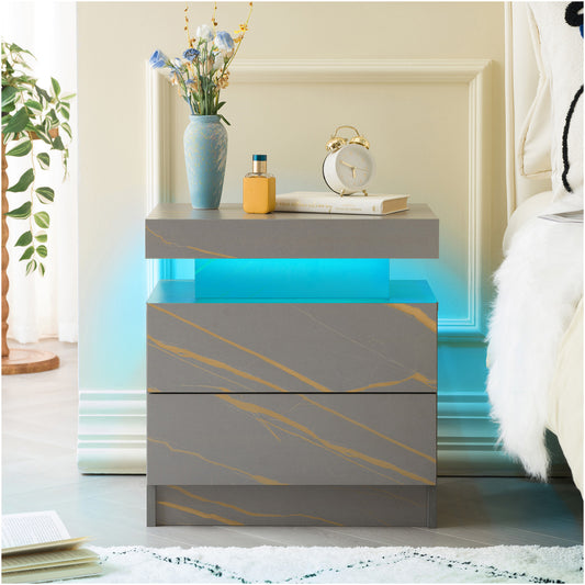 Nightstand LED Bedside Table Cabinet Lights Modern End Side with 2 Drawers for Bedroom (Grey Gold)